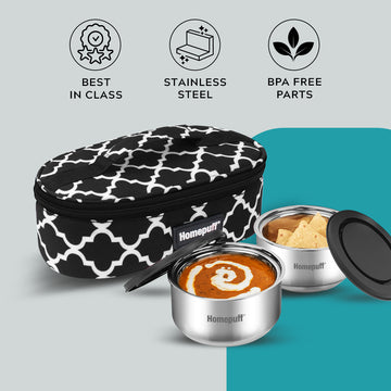 Steel Lunch Box- Set of 2, with Bag- Black